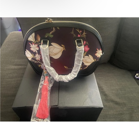 Shanghai Designer Closeout Dark Purple Flower Pattern Brocade Mulberry Silk Tote - Picture 3 of 4